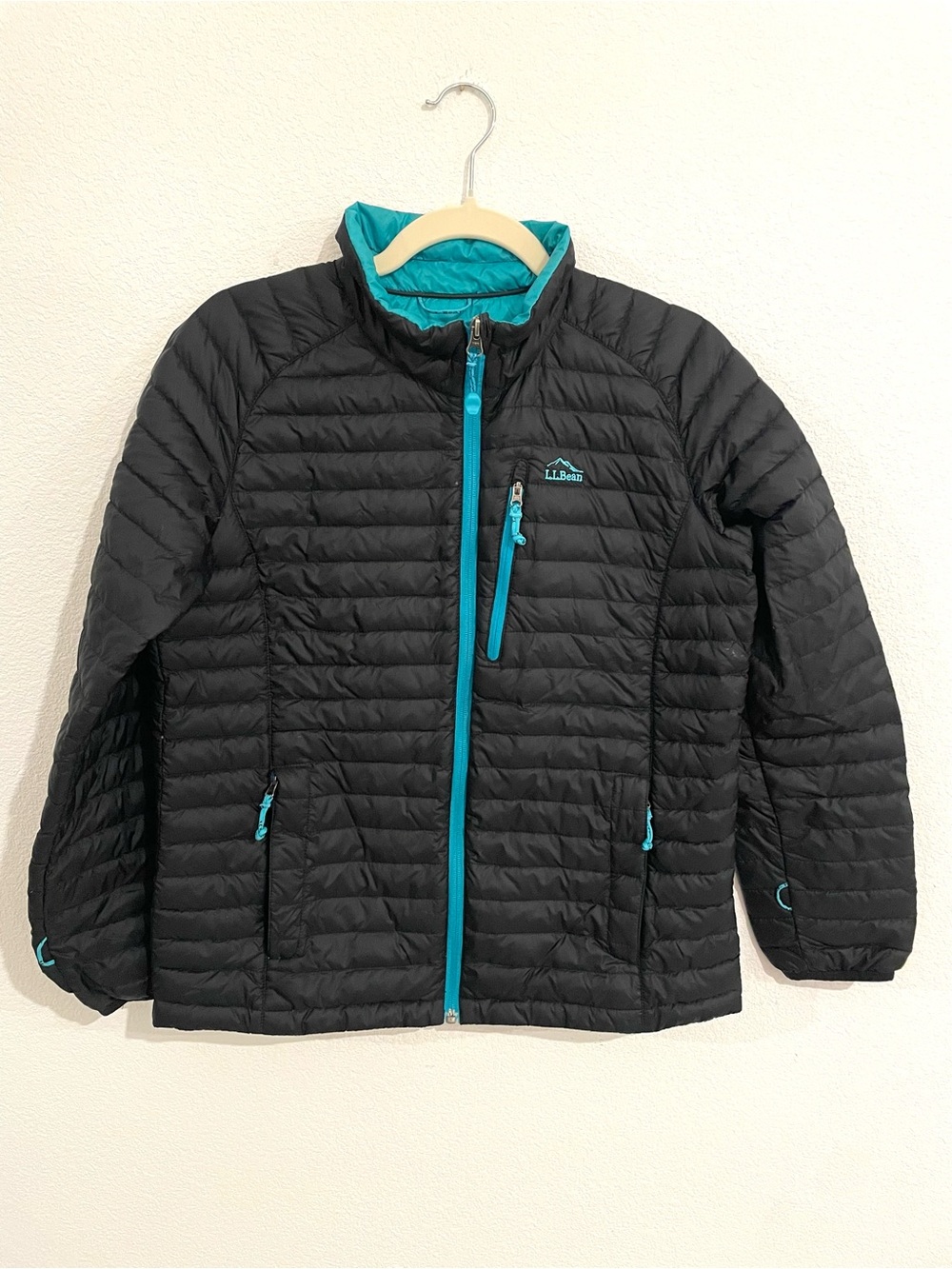 L.L. Bean Black Water Repellant Down Quilted Jacket with Teal Trim Women's XL